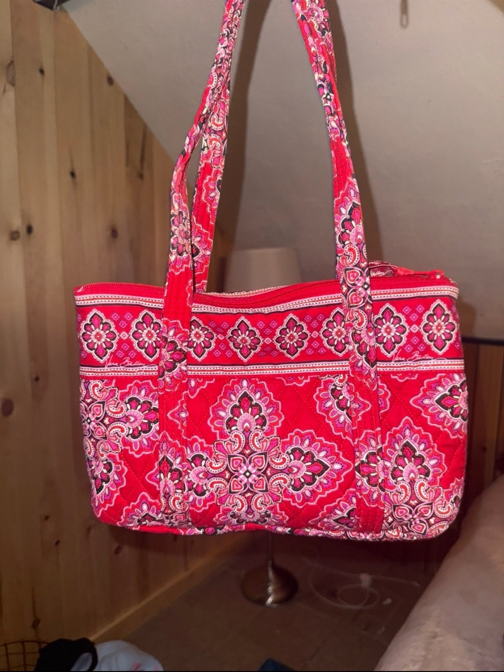 Red Patterned Quilted Tote Bag